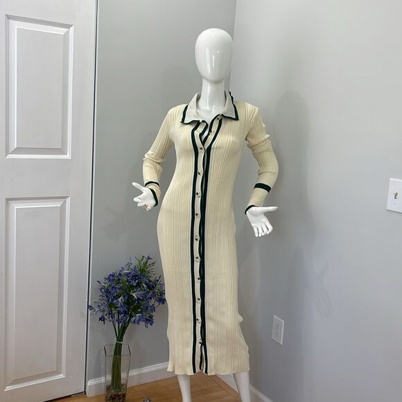 Micas Elegant Cream Ribbed Knit Maxi Cardigan Dress with Contrast Trim size M - Picture 4 of 11